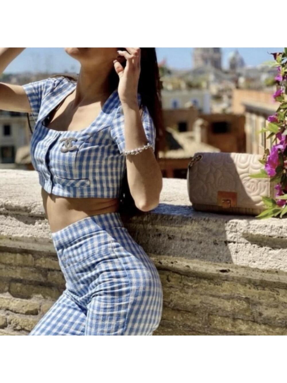 Zara blue and white gingham cropped shirt